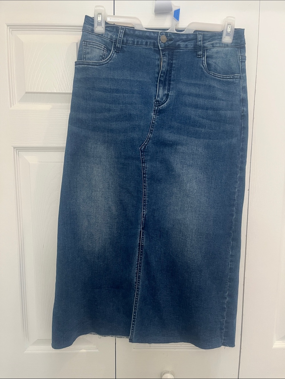 High-Waist Dark Blue Denim Midi Skirt
